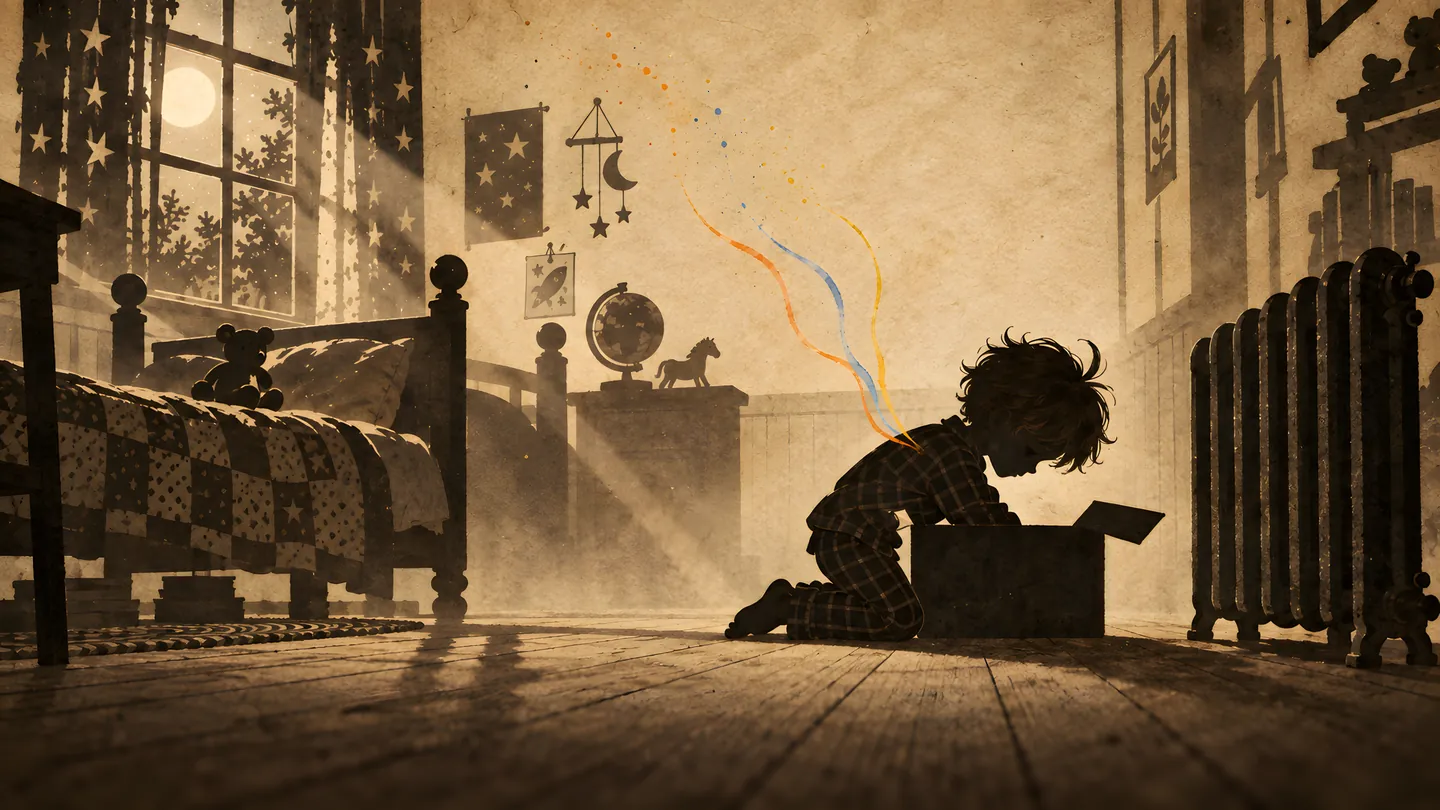 In black ink on yellowed paper, a boy kneels in his bedroom and puts his colours away in a box.