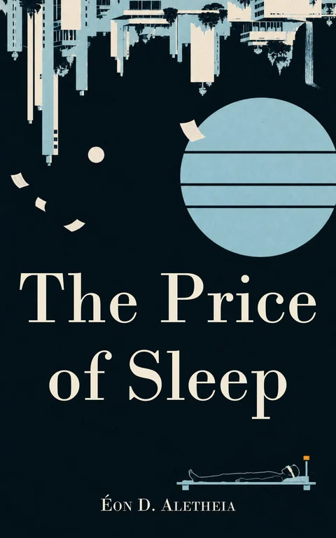The Price of Sleep cover: an upside-down city above a pale blue striped moon, and a man asleep in a booth far below.
