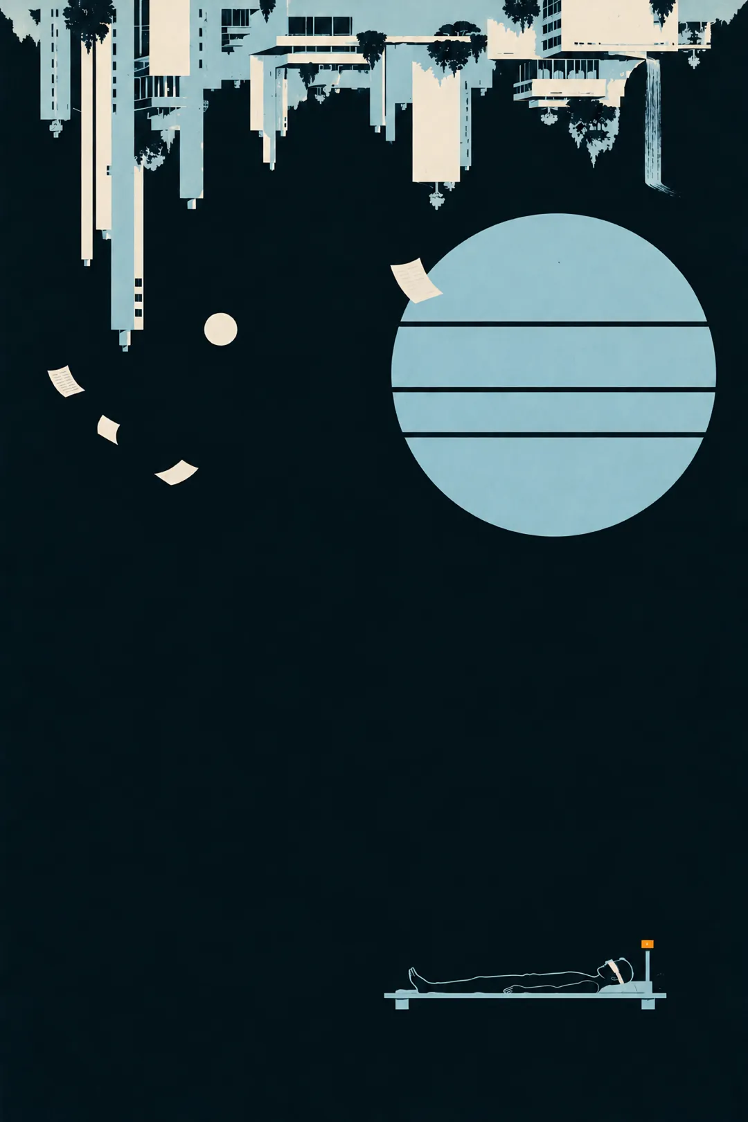 The cover art of The Price of Sleep: an upside-down city hangs from the top of a night sky; a pale blue moon striped with dark bands, a small white moon, slips of paper drifting; far below, a man lies asleep in a booth under a small amber light.